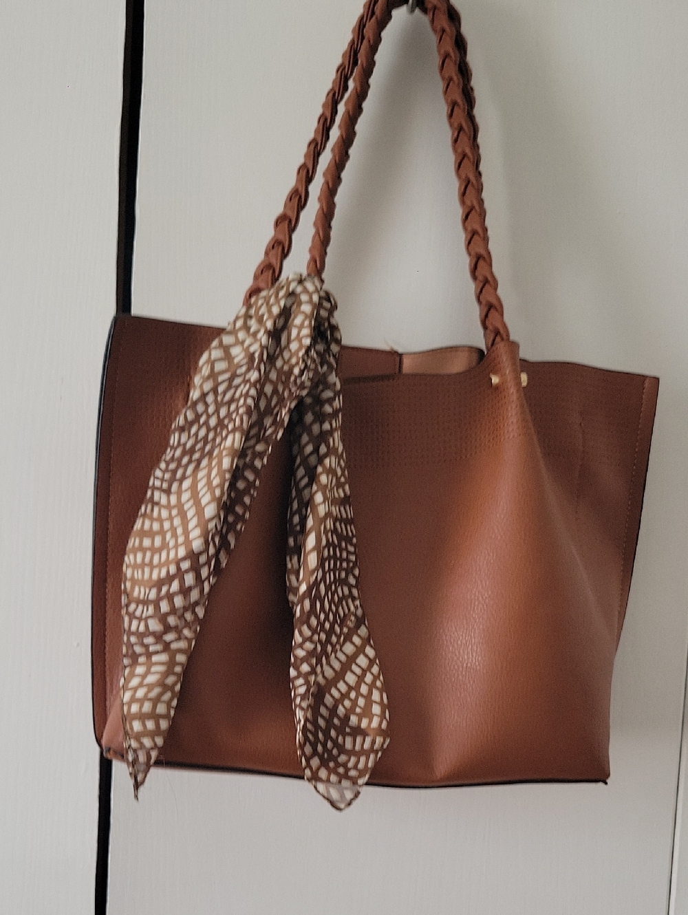 Classic Tan Braided-Handle Tote with Decorative Scarf